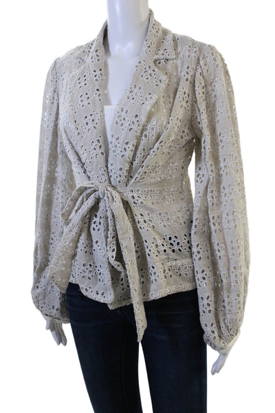 Azulu Women Collared Bohemian Blouse Beige Long Sleeve Tie Size XS