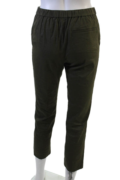 Theory Women Cropped Ankle Pants Green Linen Viscose Elastic Waist Size 00