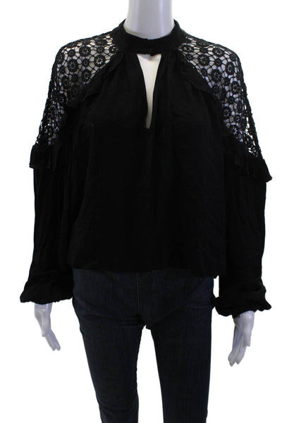 Free People Womens Bohemian Black High Neck Rayon Long Sleeve Blouse Size S