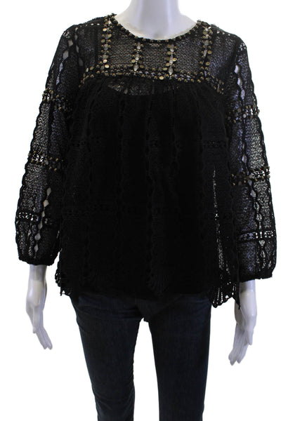 Maeve Anthropologie Women Black Bohemian Round Neck 3/4 Sleeve Blouse Size S