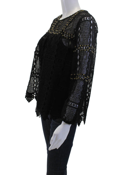 Maeve Anthropologie Women Black Bohemian Round Neck 3/4 Sleeve Blouse Size S