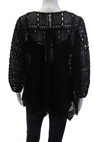 Maeve Anthropologie Women Black Bohemian Round Neck 3/4 Sleeve Blouse Size S