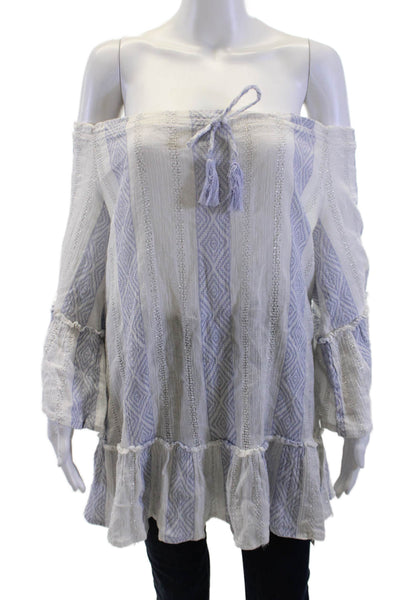 Surf Gypsy Women Tunic Blouse White Geometric Long Sleeve Drawstring Size S
