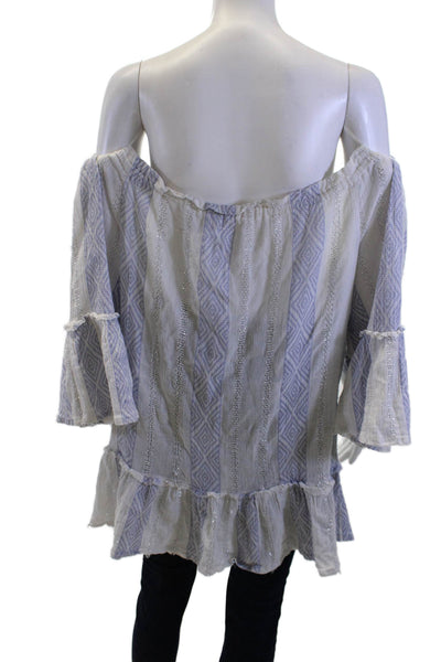 Surf Gypsy Women Tunic Blouse White Geometric Long Sleeve Drawstring Size S