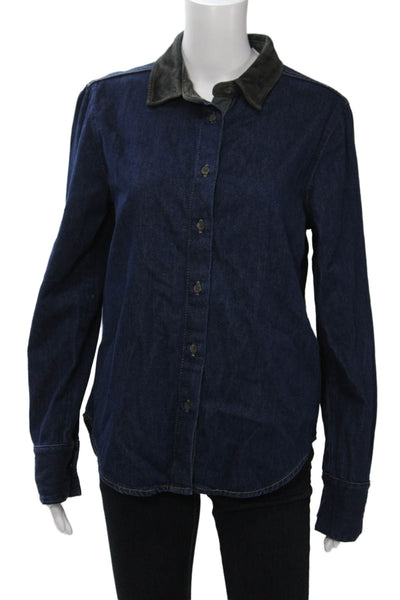 Zara Womens Dark Blue Cotton Collared Button Up Blouse Long Sleeve Size M