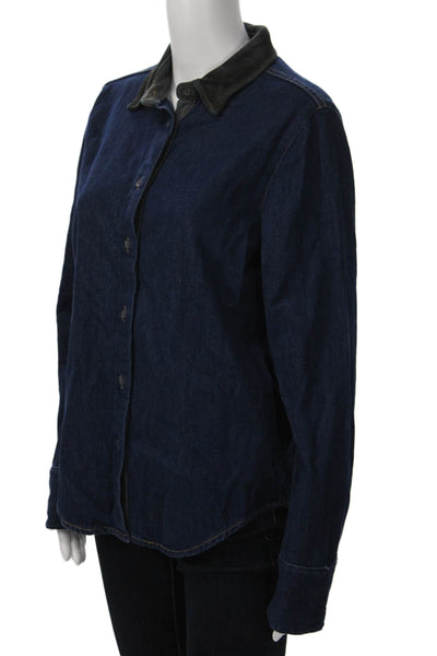 Zara Womens Dark Blue Cotton Collared Button Up Blouse Long Sleeve Size M