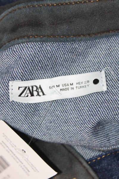 Zara Womens Dark Blue Cotton Collared Button Up Blouse Long Sleeve Size M