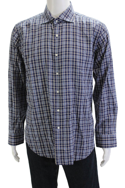 Peter Millar Mens Plaid Button Down Shirt Navy Blue Cotton Size Large