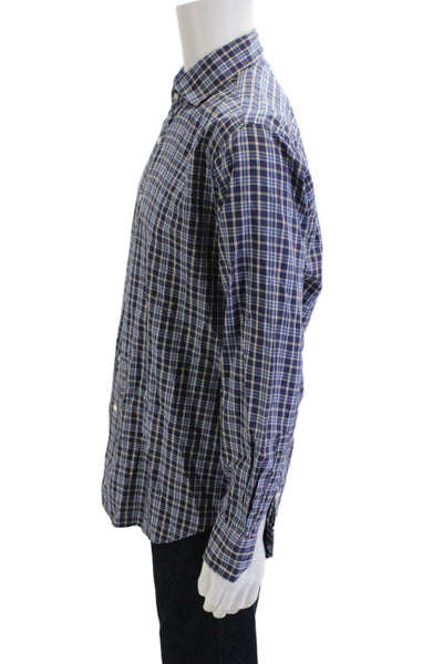 Peter Millar Mens Plaid Button Down Shirt Navy Blue Cotton Size Large