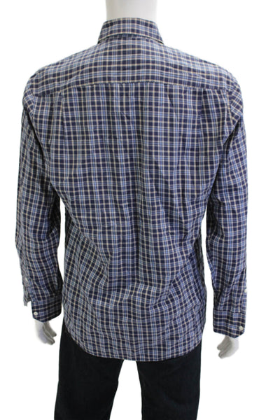 Peter Millar Mens Plaid Button Down Shirt Navy Blue Cotton Size Large
