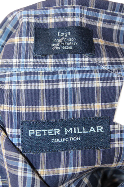 Peter Millar Mens Plaid Button Down Shirt Navy Blue Cotton Size Large