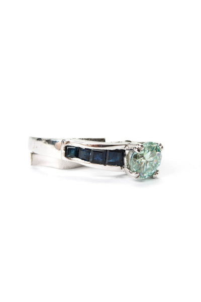 Designer Womens 18K White Gold Blue Moissanite + Sapphire Ring 8.6g