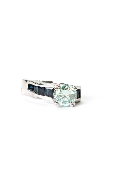 Designer Womens 18K White Gold Blue Moissanite + Sapphire Ring 8.6g