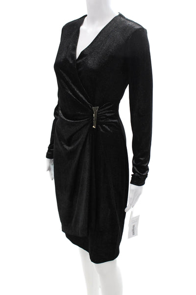 Calvin Klein Women Sheath Wrap Black V-Neck Long Sleeve Dress Size 6