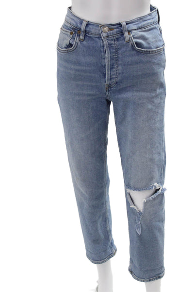 Re/Done Womens Boyfriend Cropped Light Blue Jeans Button Mid Rise Size 26
