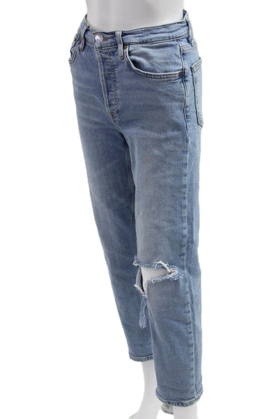 Re/Done Womens Boyfriend Cropped Light Blue Jeans Button Mid Rise Size 26