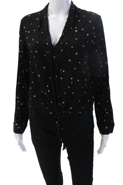 Rails Womens Petite Black Star Print Long Sleeve Drawstring Blouse Size S
