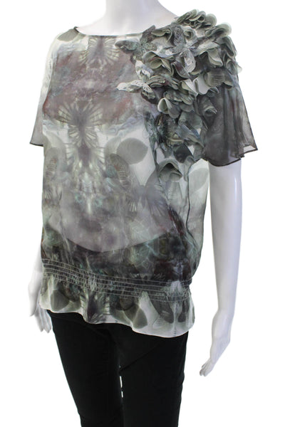 Ted Baker London Womens Gray Floral Butterfly Short Sleeve Blouse Size 1