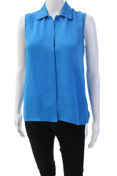 Theory Womens Sleeveless Collared Silk Blouse Blue Basic Size 0P