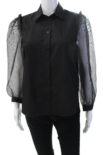Zara Women Black Polka Dot Collared Button Up Blouse Long Sleeve Size XS