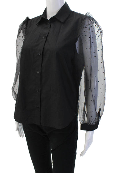 Zara Women Black Polka Dot Collared Button Up Blouse Long Sleeve Size XS