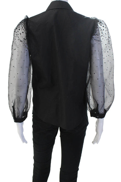 Zara Women Black Polka Dot Collared Button Up Blouse Long Sleeve Size XS