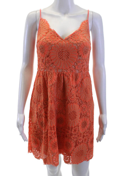 Trina Turk Women Slip Dress Orange Floral V Neck Zip Sleeveless Short Size 0