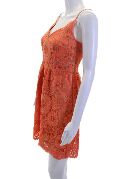 Trina Turk Women Slip Dress Orange Floral V Neck Zip Sleeveless Short Size 0