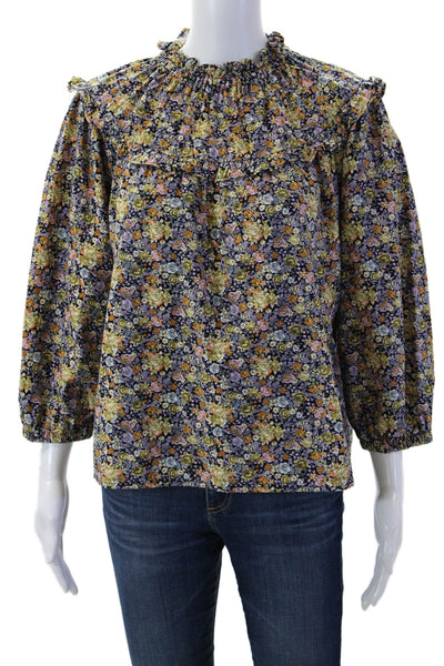 Universal Thread Womens Black Floral High Neck 3/4 Sleeve Cotton Blouse Size S
