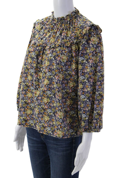 Universal Thread Womens Black Floral High Neck 3/4 Sleeve Cotton Blouse Size S