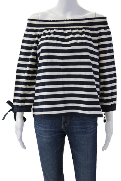 J Crew Womens Dark Blue Striped Tie Neck 3/4 Sleeve Cotton Blouse Size M