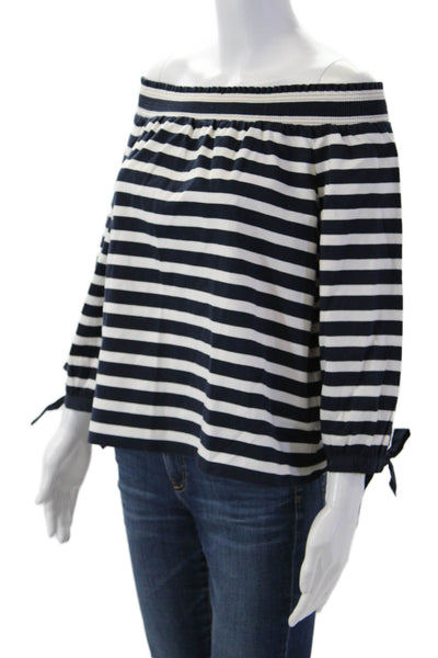 J Crew Womens Dark Blue Striped Tie Neck 3/4 Sleeve Cotton Blouse Size M