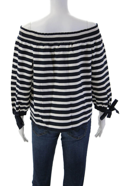 J Crew Womens Dark Blue Striped Tie Neck 3/4 Sleeve Cotton Blouse Size M
