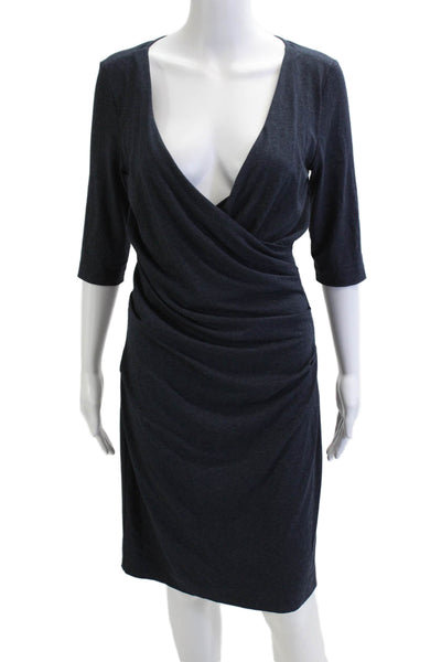 Nicole Miller Women Dark Blue Wrap Sheath Dress V-Neck 3/4 Sleeve Midi Size M