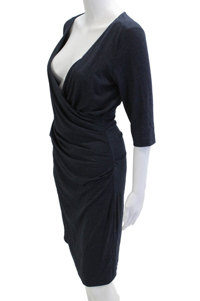 Nicole Miller Women Dark Blue Wrap Sheath Dress V-Neck 3/4 Sleeve Midi Size M