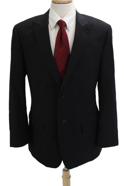 Calvin Klein Mens Black Striped Wool Suit Jacket Button Collared Size 40