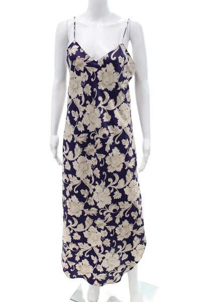 Natori Women Maxi Slip Dress Dark Blue Floral V-Neck Sleeveless Size M
