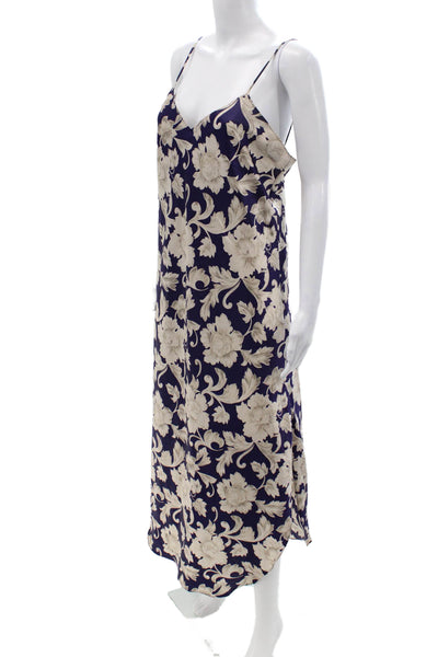 Natori Women Maxi Slip Dress Dark Blue Floral V-Neck Sleeveless Size M