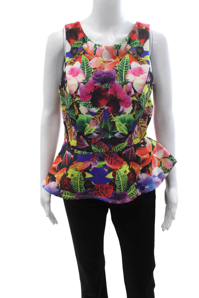 Aqua Womens Floral Sleeveless Blouse Multi Color Zip Round Neck Size S