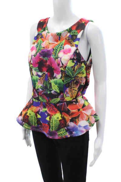 Aqua Womens Floral Sleeveless Blouse Multi Color Zip Round Neck Size S