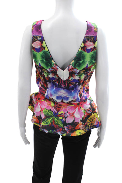 Aqua Womens Floral Sleeveless Blouse Multi Color Zip Round Neck Size S
