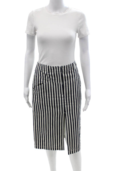 Designer Women Straight Pencil Skirt White Cotton Striped Size 40
