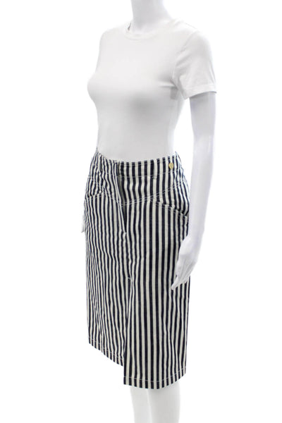 Designer Women Straight Pencil Skirt White Cotton Striped Size 40