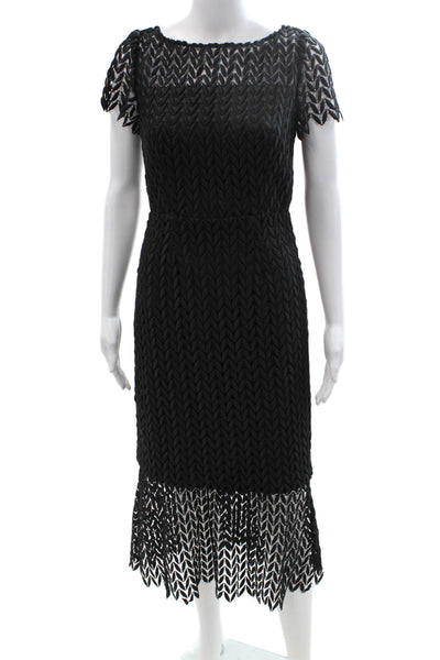 Kay Unger Women Sheath Dress Black Short Sleeve Herringbone Mid Calf Size 2