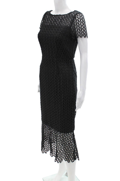 Kay Unger Women Sheath Dress Black Short Sleeve Herringbone Mid Calf Size 2