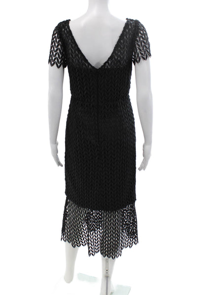 Kay Unger Women Sheath Dress Black Short Sleeve Herringbone Mid Calf Size 2