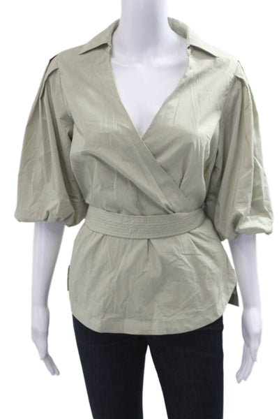 Jonathan Simkhai Women Beige V-Neck Tie Short Sleeve Blouse Size S