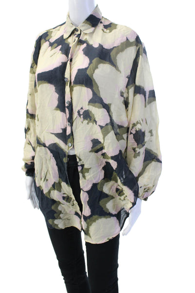 Roberto Collina Womens Beige Floral Collared Blouse Long Sleeve Size XS