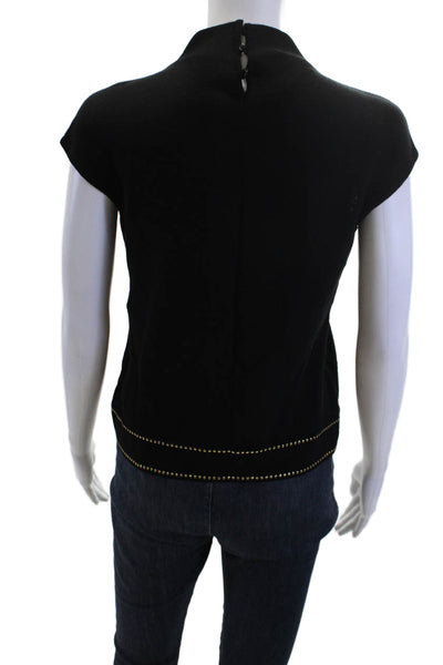 Escada Women Black Mock Neck Button Sweater Wool Blend Short Sleeve Size S
