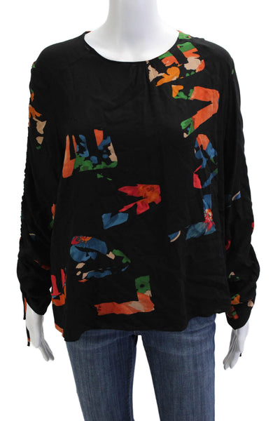 Desigual Womens Black Geometric Viscose Blouse Long Sleeve Round Neck Size XL